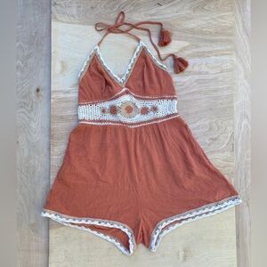 Aerie Crochet One Piece Shortie Halter Tie Neck Romper